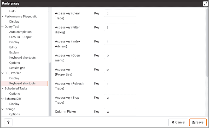 Preferences dialog - Sql Profiler Keyboard Shortcuts section