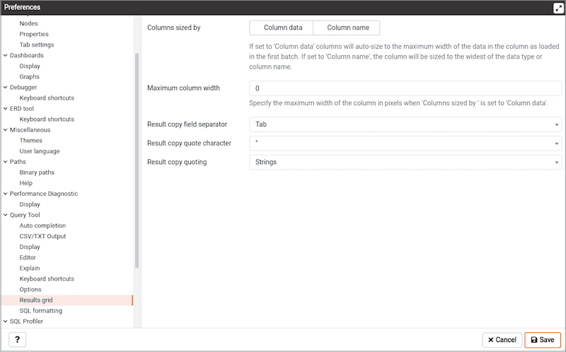 Preferences dialog - SQL Results Grid section