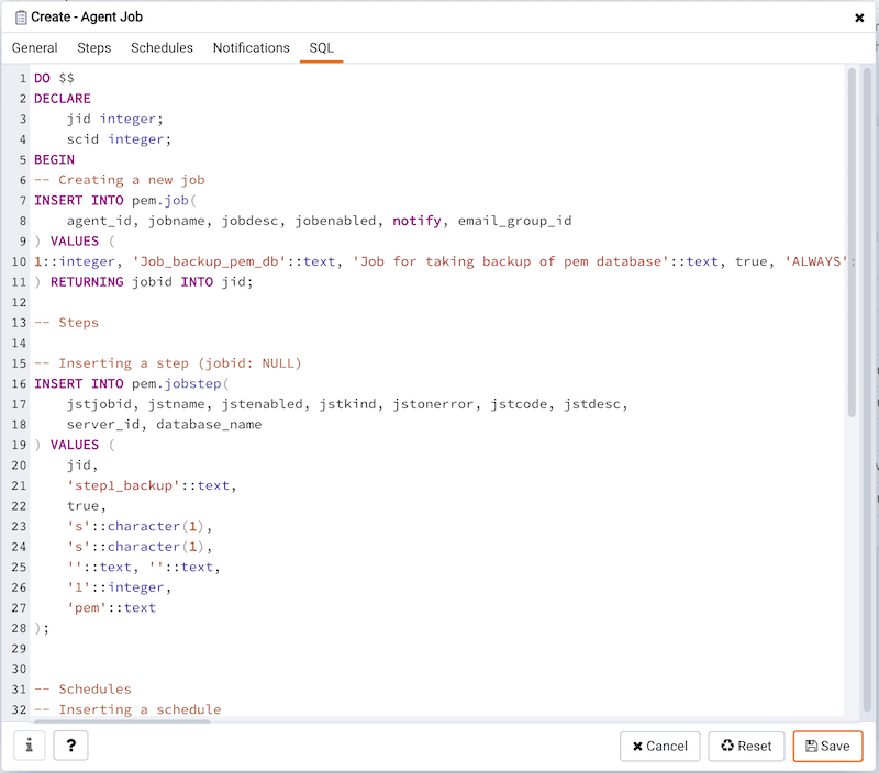 Create Agent Job dialog - SQL tab