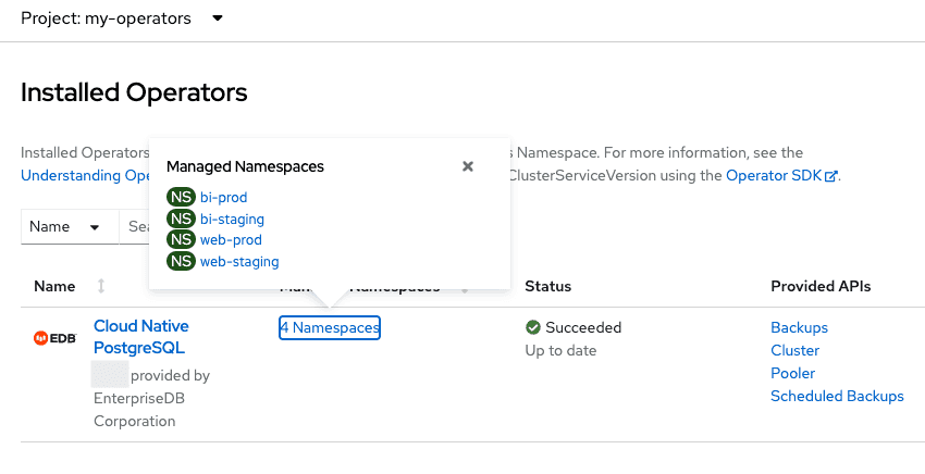 Multi namespace installation displayed in the web console